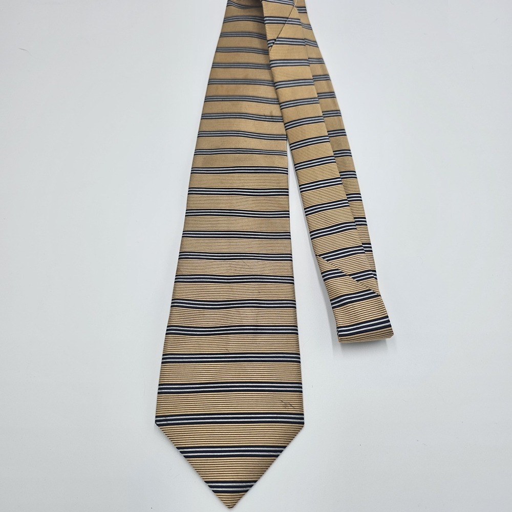 Jos. A. Bank 100% Silk Tie Gold Navy Blue Stripe‎ Pattern 3.75" Wide Classic...